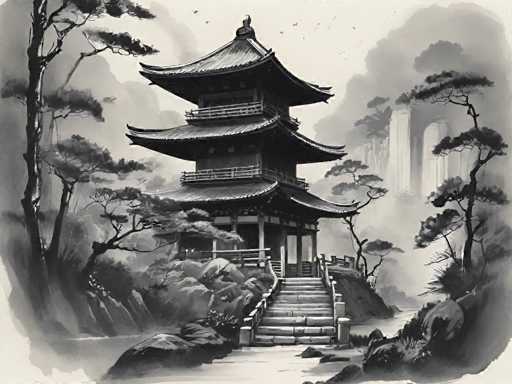 The image depicts a traditional Japanese temple nestled within a mountainous landscape. The temple is constructed from wood and features multiple tiers of a pointed roof, characteristic of Japanese architecture. A stone staircase leads up to the entrance of the temple, which is surrounded by lush greenery including trees and bushes.