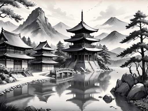 The image is a black and white illustration depicting a traditional Japanese temple nestled on the shore of a lake surrounded by mountains. The temple has a pagoda-like roof and is situated in the center of the scene. A bridge can be seen crossing over the lake, connecting two parts of the landscape separated by water.