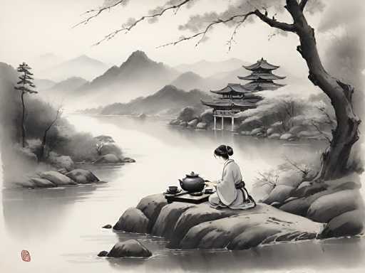 This black and white illustration, reminiscent of traditional Japanese art, depicts a serene scene of a woman practicing tea ceremony on a small rocky island in the middle of a river. The woman, dressed in a white kimono with a black sash, has her hair styled in a bun and is seated cross-legged, facing left. In front of her is a small wooden table holding a teapot, a teacup, and a bowl, with a book placed to her right. The river is flanked by rocky outcrops and lush vegetation, including a prominent tree on the right side of the image. In the background, a traditional Japanese pagoda with multiple tiers and curved roofs stands on a rocky outcrop, adding to the tranquil atmosphere. The scene is enveloped in a misty fog, with distant mountains and hills completing the picturesque landscape.