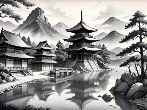 This black-and-white image, possibly a photograph or a detailed drawing, captures a serene Japanese landscape. Dominating the scene are three traditional pagoda-style buildings with distinctive tiered roofs, situated near a tranquil body of water. The central pagoda, the tallest of the three, stands prominently with its multiple tiers and is accessible via a small bridge. The other two pagodas, slightly shorter, are positioned to the left, with one featuring a visible staircase leading up to its second floor. The water in the foreground is calm, reflecting the pagodas and the surrounding scenery, including large boulders and a tree on the right side. In the background, a majestic mountain range stretches across the horizon, with clouds drifting above and a few birds soaring through the sky. The overall composition exudes a peaceful, timeless quality, reminiscent of traditional Japanese art.