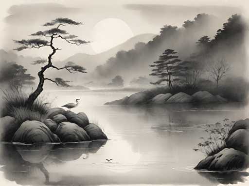This is a serene, monochromatic ink wash painting depicting a tranquil landscape. The main subjects are a calm lake, rocky shore with a lone crane, and distant misty mountains under a pale moon. The composition emphasizes depth with diminishing perspective, creating a peaceful, traditional East Asian aesthetic.