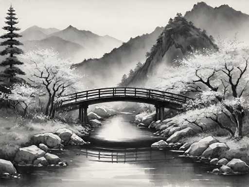 This black and white image, which could be a photograph or a detailed drawing, captures a serene landscape featuring a small, arched wooden bridge spanning a calm river. The bridge, positioned centrally in the image, has a railing on top and is supported by three pillars on each side. The river beneath it reflects the bridge and the surrounding scenery, enhancing the tranquil atmosphere. On either side of the river, large rocks are scattered, with some appearing to be dusted with snow. The left side of the image showcases a tall pine tree alongside smaller trees with white leaves, possibly cherry blossoms. The right side mirrors this with more trees, including a prominent pine tree. In the background, a range of mountains rises, shrouded in a misty fog that adds depth to the scene. The sky above is a light gray, completing the monochromatic palette of the image.