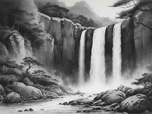 The image depicts a serene waterfall cascading down from a cliff into a river below. The waterfall is surrounded by rocks and trees, creating a natural and tranquil setting. The painting style is realistic, with the artist's attention to detail evident in the depiction of the waterfall and its surroundings.