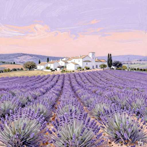 This painting depicts a serene landscape featuring a sprawling field of lavender in the foreground, with meticulously arranged rows of purple flowers stretching across the bottom half of the image. The lavender plants have green stems and are set against a backdrop of brown soil. In the middle of the painting, a cluster of white buildings with brown roofs stands prominently, surrounded by a few trees. The buildings appear to be part of a small village or farm, with some structures resembling barns or storage facilities. The sky above is a blend of light blue and pink hues, suggesting either a sunrise or sunset, with wispy clouds adding to the tranquil atmosphere. The background reveals rolling hills and mountains, enhancing the depth and natural beauty of the scene. The overall composition is rendered in a soft, impressionistic style, with visible brush strokes that contribute to the painting's gentle and soothing aesthetic.