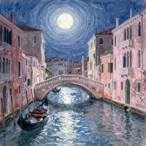 This painting depicts a serene nighttime scene of a canal in Venice, Italy. The canal is flanked by tall, colorful buildings in shades of pink, red, yellow, and white, with some featuring balconies and chimneys. A small, arched stone bridge spans the canal, connecting the two sides. Beneath the bridge, two gondolas are visible: one is docked against the left bank, while the other floats in the middle of the canal. The water reflects the moonlight, creating a shimmering effect on the surface. The sky is a deep blue, adorned with a large, glowing full moon that casts a soft light over the entire scene. The painting style is somewhat impressionistic, with visible brushstrokes that add to the tranquil and picturesque atmosphere of the setting.