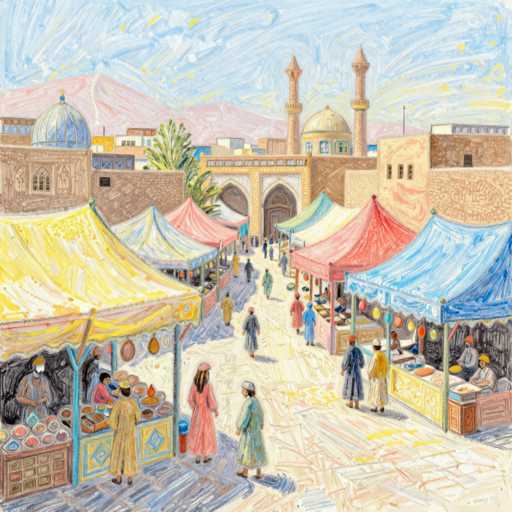 This vibrant painting depicts a bustling Middle Eastern bazaar, likely set in a region such as Morocco or Turkey. The scene is filled with numerous colorful tents—yellow, blue, red, and green—arranged in a semi-circular pattern, each housing vendors selling various goods like fruits, vegetables, and pottery. The market is alive with people, predominantly men in robes and women in long dresses, some wearing head coverings. The ground is paved with stone, adding to the traditional ambiance. In the background, a majestic mountain range rises, with a prominent castle featuring a dome and two towers perched atop it. The sky above is a clear blue, dotted with a few clouds, enhancing the overall picturesque quality of the scene.