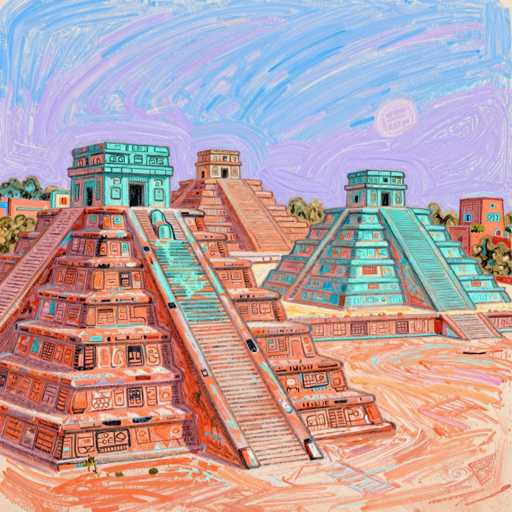 This vibrant illustration depicts an ancient Mayan or Aztec cityscape, characterized by its distinctive step-pyramid structures. The scene features three prominent pyramids, each adorned with intricate details. The pyramid on the left is painted in a striking orange hue, while the two on the right are a light blue. Each pyramid is topped with a small, square building, adding to the architectural complexity. The ground is rendered in a warm orange tone, complementing the earthy palette of the structures. The sky above is a mesmerizing blend of blue and purple, with a white sun shining brightly. Surrounding the pyramids are lush green trees, adding a touch of nature to the ancient city. In the background, additional buildings can be seen, suggesting a bustling urban environment. The illustration is rich in color and detail, capturing the essence of an ancient civilization with a unique artistic style.
