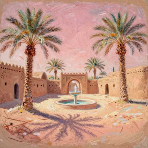 A vibrant, textured painting of a traditional Moroccan courtyard. The scene is bathed in warm, soft light, with the pink sky creating a gentle backdrop. Two tall palm trees frame the courtyard on either side, their fronds casting long shadows on the sandy ground. The walls of the courtyard are made of textured, light-colored brickwork, with arched doorways and decorative details. In the center of the courtyard is a beautiful fountain with a tiered design, its water gently splashing into a shallow pool. The ground is covered in light-colored sand and scattered with some debris, adding to the sense of a well-used space. The overall impression is one of tranquility and timeless beauty, capturing the essence of a traditional Moroccan oasis.