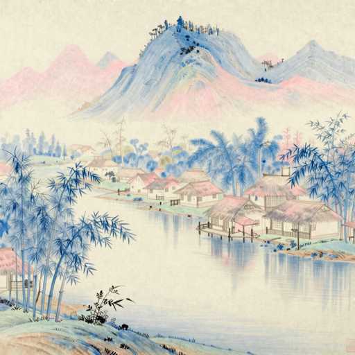 This image is a detailed watercolor painting of a serene Asian village, likely inspired by traditional Japanese art. The village is nestled along the banks of a calm river, with several thatched-roof huts and houses extending right up to the water's edge. Some of these homes feature wooden decks and piers, adding to the picturesque scene. The village is surrounded by lush greenery, including tall trees with blue leaves and palm trees, which contribute to the tranquil atmosphere. In the background, a series of majestic mountains rise, their peaks painted in shades of blue and pink, with some areas appearing to have snow. The sky above is a soft, light yellow, enhancing the overall peaceful ambiance of the scene. The painting's color palette is predominantly blue, pink, and green, with touches of brown, creating a harmonious and soothing visual experience.