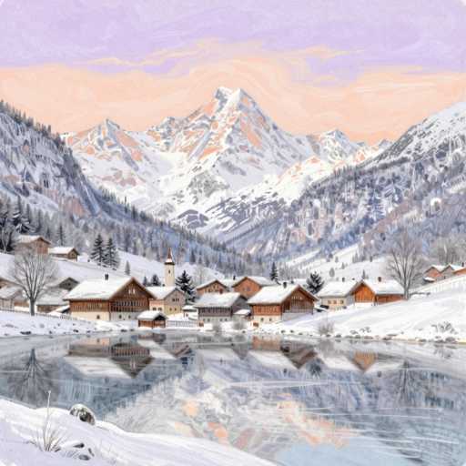 This image is a detailed painting of a serene winter landscape. In the foreground, a snow-covered ground leads to a partially frozen lake, its surface reflecting the surrounding scenery. The lake is encircled by a quaint village, featuring several brown houses with white roofs, some adorned with chimneys. The village is nestled among snow-covered hills and mountains, with a prominent, snow-capped peak dominating the background. The sky above is a blend of purple and orange hues, suggesting either dawn or dusk. The entire scene is bathed in a soft, wintry light, with the snow glistening under the subtle glow of the sun. The painting captures the tranquil beauty of a winter day in a picturesque mountain village.
