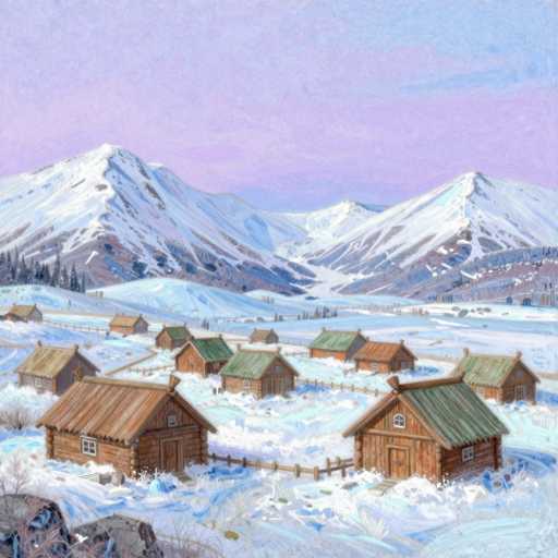 This detailed painting depicts a serene winter scene in a small, snow-covered village nestled at the base of majestic, snow-capped mountains. The sky above is a blend of blue and purple hues, with wispy clouds adding to the tranquil atmosphere. The village consists of approximately 10 to 12 log cabins, each with a unique roof color ranging from green, brown, and blue to tan, orange, and red. The cabins are arranged in a circular pattern, with fences delineating their individual plots. In the foreground, a few trees and bushes are visible, adding depth to the composition. The snow blankets the entire landscape, covering the ground, roofs, and even the distant mountains, creating a picturesque winter wonderland.
