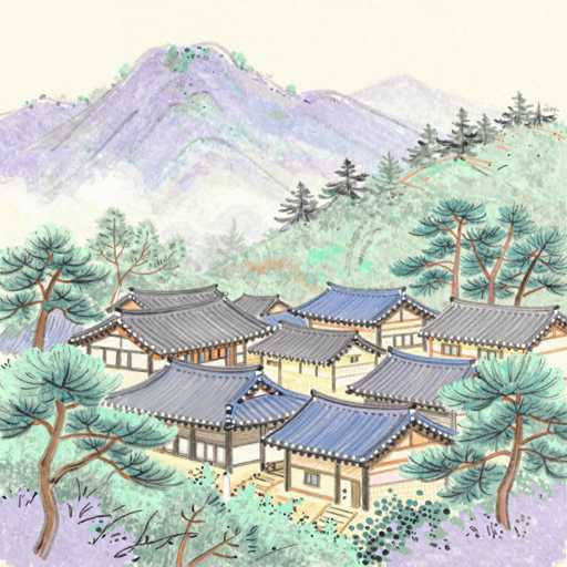 This detailed watercolor painting depicts a serene Japanese village nestled in a lush valley, surrounded by majestic mountains. The village features approximately ten traditional Japanese houses, characterized by their distinctive curved roofs adorned with white dots and brown wooden eaves. The buildings are primarily white with brown wooden accents, and some have blue roofs. The houses are arranged in a circular formation, creating a harmonious and picturesque scene. 

In the foreground, tall green trees with brown trunks frame the village, while the background showcases a series of purple and gray mountains, some with snow-capped peaks. The sky above is a soft yellow, adding a warm glow to the entire landscape. The painting also includes some Japanese text in the bottom right corner, further emphasizing its cultural context. The overall composition captures the tranquil beauty and traditional architecture of a Japanese village, making it a captivating piece of art.