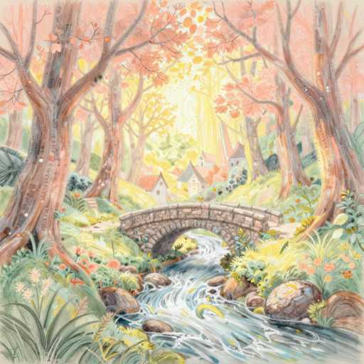 This image is a detailed painting of a serene, picturesque village nestled within a lush forest. The village features several houses with distinct red and gray roofs, surrounded by vibrant green grass and colorful flowers. A gently flowing river, adorned with large boulders, winds through the scene, crossed by a charming stone bridge. The trees, with their brown trunks and branches, are adorned with pink and orange leaves, adding to the tranquil atmosphere. The painting, likely created with colored pencils, captures the essence of a peaceful, idyllic landscape, reminiscent of a storybook setting.