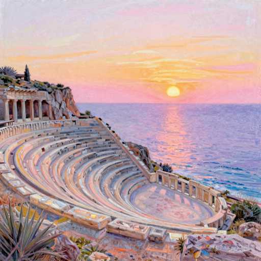 A vibrant, impressionistic painting of the ancient Roman theater at Paestum, Italy, bathed in the warm glow of a setting sun. The scene is dominated by the massive, semi-circular structure of the theater, with its tiered seating and imposing columns. The colors are rich and slightly muted, emphasizing the soft transition of light in the sky – hues of peach, coral, and lavender blend with the deep blue of the sea. The sun is low on the horizon, casting a golden reflection across the water and illuminating the stone of the theater with a warm, ethereal light. The overall impression is one of tranquility and timelessness, capturing the grandeur and historical significance of this ancient architectural marvel.