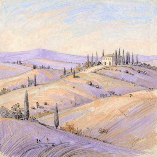 A serene, dreamlike landscape in a Mannerist style unfolds with soft pastel hues of lavender, ochre, and pale blue. Rolling hills stretch into the distance, dotted with slender cypress trees and a distant villa. The scene is rendered with delicate lines and subtle smudges, creating an ethereal, otherworldly atmosphere.