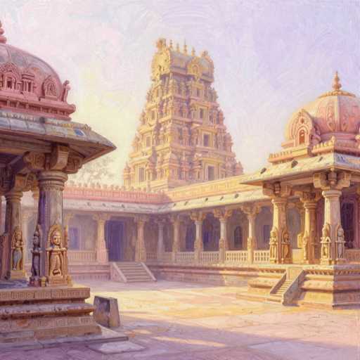 The image depicts a grand, ornate structure reminiscent of ancient Indian architecture, possibly a temple or palace. The central focus is a towering edifice with a distinctive triangular shape, adorned with intricate carvings and multiple levels. The structure is primarily golden in color, with accents of pink and blue, and features numerous windows and spires. Surrounding the main tower are two smaller buildings, each with domed roofs and supported by large columns. These buildings are also decorated with statues, possibly of deities, and have steps leading up to them. The courtyard in front is paved with stone tiles in various shades of pink, yellow, and blue, adding to the overall vibrant and majestic appearance of the scene. The sky above is a clear blue, enhancing the serene and timeless quality of the image.