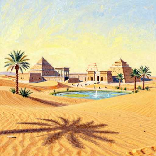 This painting depicts a serene desert landscape with a striking blend of natural and man-made elements. In the foreground, a solitary palm tree stands tall, its shadow stretching across the sandy terrain. The midground features a small oasis, a circular pond with a fountain at its center, providing a refreshing contrast to the arid surroundings. 

To the left, a grand pyramid rises majestically, its structure composed of a broad base that tapers to a pointed top. Adjacent to the pyramid, a building with a series of pillars adds an architectural element to the scene. On the right side of the painting, another pyramid stands, this one adorned with a distinctive red structure on its top, resembling a series of stacked squares.

The background is dominated by a vast expanse of sky, painted in soft hues of blue and yellow, suggesting either a sunrise or sunset. The entire scene is bathed in warm light, enhancing the tranquil and timeless atmosphere of the desert landscape.