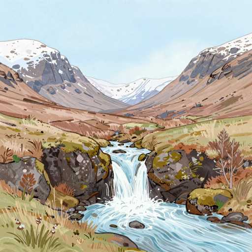 This image is a detailed painting of a serene mountain landscape. Dominating the scene are majestic mountains with snow-capped peaks, set against a clear blue sky. The mountains are rendered in shades of gray, brown, and tan, with patches of snow adding a touch of white to the rugged terrain. In the foreground, a tranquil river meanders through the valley, its blue waters flowing gently over rocks and moss-covered boulders. The river features a small waterfall, where the water cascades over a rocky ledge, creating a frothy white splash at the base. Surrounding the river are lush green grasses and various plants, including some with brown leaves, adding to the natural beauty of the scene. The overall composition captures the peaceful essence of this mountainous wilderness, with no text or human presence to disturb the tranquility.