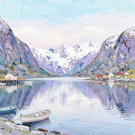 A serene, impressionistic painting of a tranquil fjord village nestled amidst snow-capped mountains. The scene is dominated by the calm, reflective water of the fjord, mirroring the pastel-colored mountains and colorful houses lining the shore. The sky is a soft blend of pale blues and pinks, suggesting either sunrise or sunset. Several small boats are docked along the shore, their reflections shimmering on the water's surface. The overall impression is one of peace and quietude, capturing the beauty of a remote, mountainous landscape.