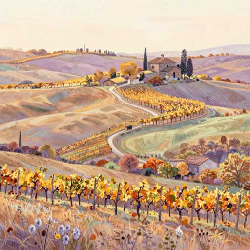 This detailed painting depicts a serene countryside scene, likely set in the rolling hills of Italy. The foreground features a lush field of tall grasses interspersed with wildflowers, including white and purple blooms. Beyond this, rows of grapevines stretch across the landscape, their leaves displaying a vibrant mix of yellow, orange, and green hues, suggesting the autumn season. The midground reveals a winding road that meanders through the vineyards, leading towards a prominent farmhouse with a brown roof and white walls. This farmhouse is accompanied by a smaller structure, possibly a shed or another house, and is surrounded by tall, dark green trees. In the background, the scene transitions into more hills and a distant mountain range, with a few scattered trees and a small tower visible on the left. The sky above is a soft, light yellow, adding to the tranquil atmosphere of the painting.