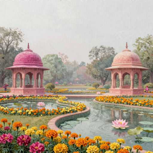 This image depicts a serene, possibly AI-generated or painted garden scene, characterized by its soft, muted colors and slightly blurred details. The garden features a winding, S-shaped pond adorned with lily pads and pink water lilies. Surrounding the pond are vibrant flowers in shades of orange, yellow, and pink, along with lush green grass. Two prominent gazebo-like structures, resembling small palaces with pink domes and spires, are positioned on either side of the pond. The gazebo on the left is a darker pink, while the one on the right is a lighter shade. The background reveals a dense forest with tall trees, adding to the tranquil atmosphere. The sky above is overcast, with a grayish hue, suggesting it might be raining. The overall composition, with its detailed flora and architectural elements, evokes a sense of peacefulness and timeless beauty.