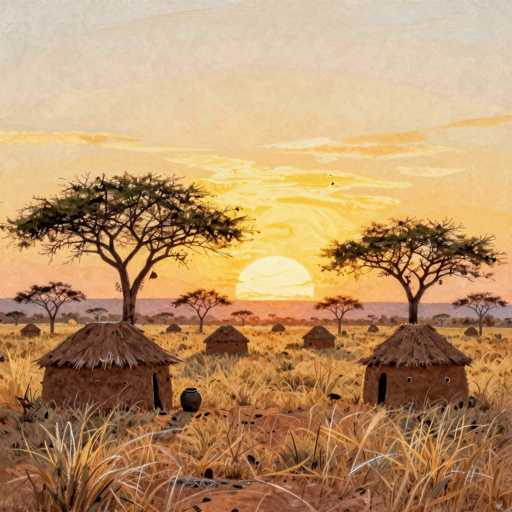 The image depicts a serene African savanna at sunset, characterized by a warm palette of yellows, oranges, and browns. The sky is adorned with wispy clouds, and the sun is setting behind a distant mountain range, casting a golden glow across the landscape. In the foreground, there are two small huts with thatched roofs, one on the left and one on the right, each featuring a door and a window. Between the huts, a black pot sits on the ground. Scattered around the huts are tall grasses and a few trees, including one prominent tree on the left and another on the right. The scene is devoid of people, animals, or vehicles, emphasizing the tranquil and undisturbed nature of the setting.