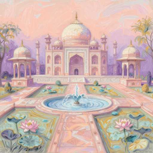 This image is a detailed painting of the Taj Mahal, showcasing its iconic architecture with a large central dome flanked by two smaller domes, all adorned with intricate gold accents. The structure is rendered in a palette of pinks, purples, and blues, with the central dome featuring a gradient from white to pink and blue. The painting captures the grandeur of the Taj Mahal's symmetrical design, including its prominent arched doorway and the smaller domes on either side.

In the foreground, a large circular fountain with water spouting from its center is surrounded by four rectangular sections filled with vibrant pink and purple lotus flowers, green lily pads, and other aquatic plants. The fountain area is framed by a pinkish-red brick walkway, adding to the ornate aesthetic. The background sky is painted in a blend of pink and purple hues, enhancing the overall serene and majestic atmosphere of the scene.