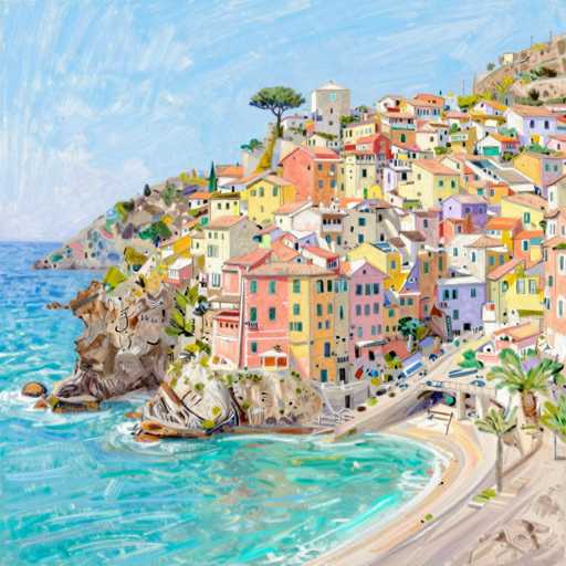 This painting depicts a vibrant coastal town, likely situated in the Mediterranean, with a distinct Italian or Spanish architectural influence. The scene is set against a backdrop of clear blue skies and a turquoise sea, with waves gently crashing against the rocky shoreline. The town is perched on a hillside, with buildings cascading down towards the water, creating a picturesque tiered effect. The structures are a mix of colorful houses in shades of pink, yellow, orange, blue, and purple, many adorned with red-tiled roofs. Palm trees dot the landscape, adding to the Mediterranean ambiance. A road winds its way up the hill, leading to a prominent white building at the summit, which could be a church or a significant landmark. The overall composition captures the essence of a quaint, bustling seaside village with a rich cultural heritage.