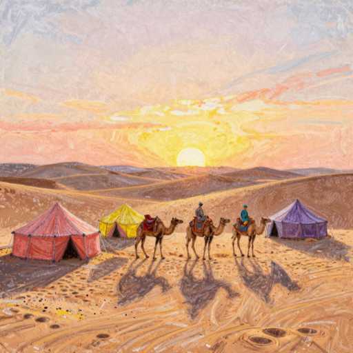 This detailed illustration depicts a serene desert landscape at sunset. The sky is a mesmerizing blend of pink, orange, and yellow hues, with the sun setting on the horizon. The foreground features four camels, each adorned with colorful blankets in shades of red, blue, and yellow. The camels are arranged in a line, with two facing left and two facing right, each carrying a rider dressed in traditional Middle Eastern attire. The desert sand is a rich brown, and the terrain is dotted with small holes, possibly from burrowing animals. Scattered across the landscape are four tents: a red tent on the left, a yellow tent behind the first camel, a purple tent on the right, and another tent partially visible behind the second camel. The entire scene is rendered in a style reminiscent of colored pencil, with soft, blended colors and visible pencil strokes, giving it a slightly abstract yet detailed appearance.