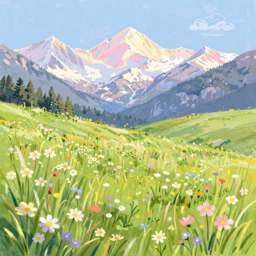 This painting depicts a serene meadow in the foreground, adorned with a vibrant array of wildflowers in shades of white, yellow, pink, blue, and purple. The meadow is lush with green grass, interspersed with patches of yellow and brown, suggesting areas of dryness. In the background, a majestic mountain range rises, its peaks capped with snow and displaying a palette of pink, yellow, and blue hues. The mountains are framed by a clear blue sky, dotted with a few white clouds. To the left, a dense forest of tall pine trees stretches upwards, while on the right, a smaller hill covered in greenery and more pine trees adds depth to the scene. The overall composition captures the tranquil beauty of nature, with the meadow's colorful flowers contrasting against the majestic, snow-capped mountains and the serene sky above.
