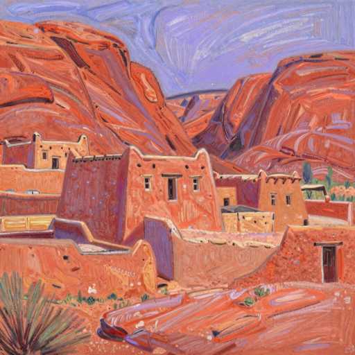 The image depicts a vibrant, impressionistic painting of a desert landscape, likely set in the southwestern United States, possibly Utah. The scene is dominated by a series of red and orange rock formations, including mountains and cliffs, which are rendered with bold, expressive brushstrokes. The sky above is a striking blend of blue and purple hues, adding to the painting's dynamic feel. In the foreground, a collection of adobe-style buildings, characterized by their flat roofs and earthy tones, are scattered across the landscape. These structures vary in size and shape, with some featuring small windows and doors, and one notably having a chimney. The ground is a mix of sandy terrain and sparse vegetation, including green cacti and other desert plants. The overall composition is rich with texture and color, capturing the essence of a sunlit, arid environment.