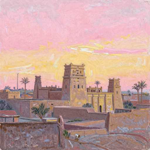 The painting depicts a serene, warm-toned Moroccan city at dusk. The main focus is on the ochre-colored buildings with prominent, tower-like structures, silhouetted against a soft pink and gold sky. Palm trees punctuate the scene in the distance, adding to the exotic atmosphere. The brushstrokes are visible, creating a textured, impressionistic feel that evokes a sense of tranquility and timelessness.