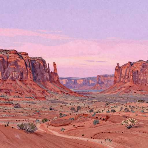 This image depicts a stunning desert landscape, likely situated in the southwestern United States, such as Arizona or Utah. The scene is dominated by a vast expanse of reddish-brown sand and dirt, interspersed with sparse vegetation, including small cacti and patches of green grass. A winding dirt road meanders through the foreground, leading the eye towards the majestic rock formations and mesas that rise prominently in the background. These formations, with their flat tops and steep sides, are rendered in various shades of brown and red, creating a striking contrast against the sky. The sky itself is a mesmerizing blend of blue and pink hues, suggesting either a sunrise or sunset. Wispy clouds add texture to the serene sky, while a distant body of water glimmers faintly in the far background, completing this picturesque and tranquil desert vista.