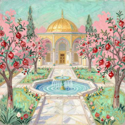 A serene, pastel-toned garden scene unfolds with a central golden pavilion nestled amidst blooming apple trees. Soft hues of rose, jade green, and gold blend in a gentle, dreamlike style, evoking a tranquil, almost ethereal atmosphere. The composition is balanced, with the pavilion's symmetrical design mirroring the surrounding garden's peaceful arrangement.