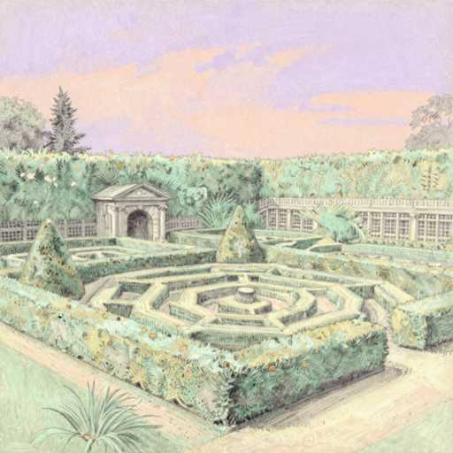 This image depicts a detailed drawing of a garden, likely created with colored pencils or watercolors. The garden features a central maze composed of green hedges, with a circular structure at its core. Surrounding the maze are various elements that add to the garden's charm. To the left of the maze stands a small stone building with a pointed roof, possibly a well or a small shelter. The garden is enclosed by a fence, and beyond it, there are trees and bushes, adding depth to the scene. The sky above is a blend of blue and pink hues, suggesting either a sunrise or sunset. The overall color palette includes shades of green, yellow, orange, pink, blue, and gray, creating a vibrant yet harmonious composition. The drawing is devoid of any text, allowing the viewer to fully immerse in the serene and picturesque garden setting.