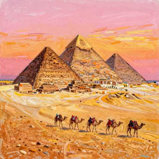 This detailed painting depicts a serene desert landscape at sunset, featuring three majestic pyramids in the background. The sky is a stunning blend of pink, orange, and yellow hues, with clouds adding depth to the scene. In the foreground, a line of five camels, each carrying a rider, traverses the sandy terrain from right to left. The camels are adorned with colorful blankets in shades of red, blue, and green. Scattered across the sandy expanse are small buildings, possibly representing a tiny village or ancient structures. The pyramids themselves are intricately detailed, with the central pyramid appearing the largest and most prominent. The entire scene is rendered in a palette of browns, tans, and yellows, capturing the essence of a tranquil desert at dusk.