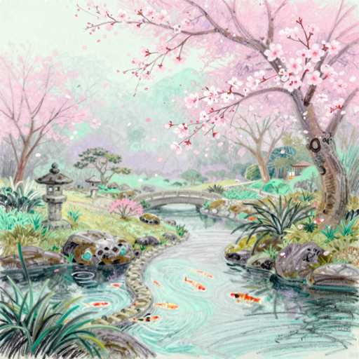 A serene Japanese garden unfolds with soft pink cherry blossoms gently falling. A tranquil pond reflects the scene, dotted with koi fish. Stone lanterns and a stone bridge create a picturesque pathway through lush greenery in muted pink, mint green, and lavender hues. The artwork features a delicate brushstroke style, emphasizing a peaceful, dreamlike atmosphere.