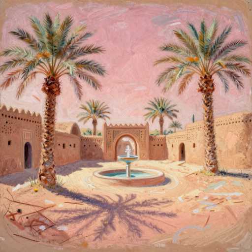 A serene, warm-toned courtyard scene unfolds with textured, ochre walls and lush palm trees. A central fountain stands as a focal point, surrounded by soft shadows on the sandy ground. The overall style evokes a peaceful, Middle Eastern ambiance with a touch of ancient charm.