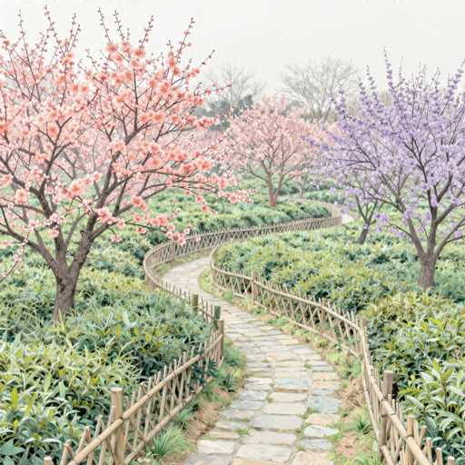 A serene, slightly hazy landscape of a winding stone path leading through a garden filled with blooming cherry blossom trees. The path is flanked by lush green foliage and delicate pink, white, and purple blossoms on the trees. A simple wooden fence lines the path, guiding the viewer's eye into the distance. The overall mood is peaceful and dreamlike, with soft lighting suggesting a gentle, possibly slightly misty, atmosphere.