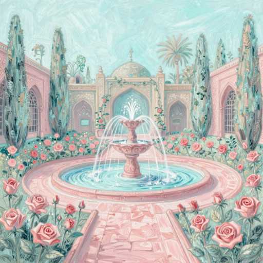 This image is a detailed painting of a serene courtyard, likely inspired by Islamic architecture. The focal point is a circular fountain with a pinkish base, from which water cascades into a blue pool. Surrounding the fountain is a lush array of pink roses and other vibrant flowers, adding to the garden's beauty. The courtyard is paved with pinkish tiles, leading towards a grand, ornate building in the background. This building features a prominent dome with a spire, flanked by two arched doorways and adorned with intricate vines and flowers. Tall, slender trees with green leaves and brown trunks frame the scene, while a palm tree stands to the right. The sky above is a light blue, completing the tranquil and picturesque setting.