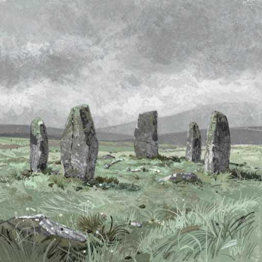 A digital painting in a muted, slightly desaturated color palette depicts a stone circle in a grassy field. The stones are weathered and grey, with varying shapes and sizes, some standing upright while others lie partially buried. The grass is a soft green, with hints of darker tones suggesting shadows and depth. In the background, hazy mountains fade into a cloudy sky with soft grey tones. The overall mood is serene and slightly melancholic, evoking a sense of ancient history and solitude.