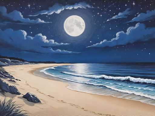 This detailed painting captures a serene nighttime beach scene. The sky is a deep, dark blue, adorned with numerous stars and a prominent full moon that casts a soft glow over the landscape. Wispy clouds, tinted with shades of blue and gray, float gently across the sky. Below, the ocean stretches out, its waves lapping onto the sandy shore in a rhythmic dance. The water reflects the moonlight, creating a shimmering pathway that leads the eye towards the horizon. The beach itself is a light tan color, dotted with large gray rocks and patches of grass. In the distance, the silhouette of trees adds depth to the scene. The overall atmosphere is one of tranquility and natural beauty, with the interplay of light and shadow enhancing the peaceful ambiance.