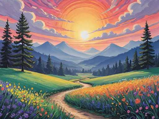 A vibrant, painterly landscape bathed in the warm glow of a rising sun. The scene is dominated by rolling green hills dotted with colorful wildflowers, transitioning into distant, hazy blue mountains. A winding path meanders through the foreground, leading towards a bright, orange-yellow sun that seems to emanate from behind fluffy pink and purple clouds. Tall evergreen trees stand on the left side of the path, framing the view with their dark silhouettes against the bright sky. The overall mood is one of peace and tranquility, capturing a beautiful moment at sunrise in a serene natural setting.