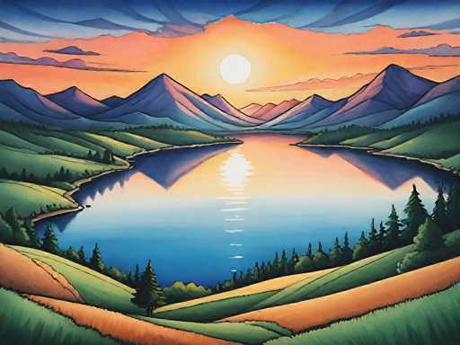 This image is a detailed, computer-generated painting of a serene landscape at sunset. The sky is a blend of dark blue, orange, and yellow hues, with the sun positioned centrally, casting a warm glow over the scene. Below the sky, a range of mountains stretches across the horizon, their peaks tinged with shades of purple, blue, and pink. The mountains are reflected in a tranquil lake that lies at the center of the image, creating a mirror-like surface that captures the vibrant colors of the sky and the silhouettes of the mountains. Surrounding the lake, lush green grassy hills and pine trees frame the scene, adding to the natural beauty. The foreground features a mix of green grass and brown dirt, with additional trees and bushes scattered throughout. The overall composition is a harmonious blend of colors and elements, creating a picturesque and peaceful landscape.