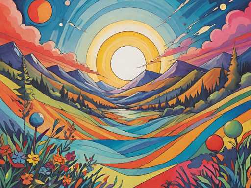 This vibrant, psychedelic landscape features a stylized mountain range bathed in an otherworldly sunset. The main elements are rolling hills, a bright sun with swirling clouds, and fantastical, colorful flowers. The perspective is a low-angle view emphasizing the vastness of the landscape and the dreamlike quality. The art style is highly illustrative, with bold lines and a focus on color and pattern rather than realistic representation.