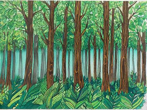 The image depicts a serene forest scene with tall trees and lush green foliage. The trees vary in size and shape, creating a sense of depth and dimension. The background is a light beige color that contrasts with the darker tones of the trees and foliage. The artist's signature can be seen at the bottom right corner of the image.