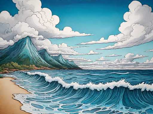 The image depicts a serene beach scene with a large body of water and two mountains in the background. The sky is filled with clouds, creating a dramatic backdrop for the tranquil ocean below. The artist's style is characterized by its use of bold colors and intricate details, which are evident in the realistic depiction of the landscape elements.