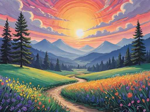 The image depicts a serene landscape with a winding dirt path leading towards the horizon. The sun is setting behind the mountains, casting a warm glow over the scene and illuminating the surrounding flowers in hues of orange and yellow. The mountains are covered in lush green trees, creating a sense of depth and distance. The sky above is painted in shades of pink and purple, with wispy clouds adding to the overall tranquility of the scene.
