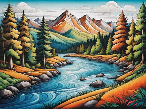 This vibrant, cartoon-style painting depicts a serene natural landscape. At the top, a light blue sky is adorned with fluffy white clouds. Below, a majestic mountain range stretches across the horizon, its peaks painted in shades of orange, brown, and gray. The mountains are surrounded by lush green hills and dense forests of tall pine trees, some tinged with orange hues. A winding river, illustrated with swirling blue and white patterns, meanders through the center of the scene, flanked by rocky shores and patches of green grass. The overall composition captures the tranquil beauty of nature with a rich palette of colors and intricate details.
