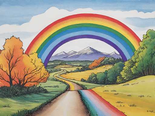 This vibrant painting captures a serene countryside scene dominated by a winding dirt road that stretches from the bottom center of the image, curving gracefully to the left before disappearing into the horizon. The road is flanked by lush green grass on the left and a striking yellow field on the right. On the left side of the image, a tree with orange leaves stands prominently, while on the right, a cluster of green trees adds depth to the landscape. In the distance, majestic mountains rise against a backdrop of a blue sky dotted with white clouds. A large, vivid rainbow arches across the sky, its colors transitioning from red at the top to orange, yellow, green, blue, and finally purple at the bottom. The rainbow's colors are mirrored on the ground, where the road is tinged with hues of red, pink, blue, and green. The overall composition is a harmonious blend of natural elements, with the road leading the viewer's eye through the picturesque scenery.